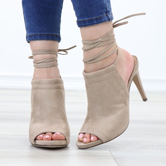 Delicious Shoes Shoes - Tan Faux Suede Open Toe Ankle Laces High Heeled Sandals